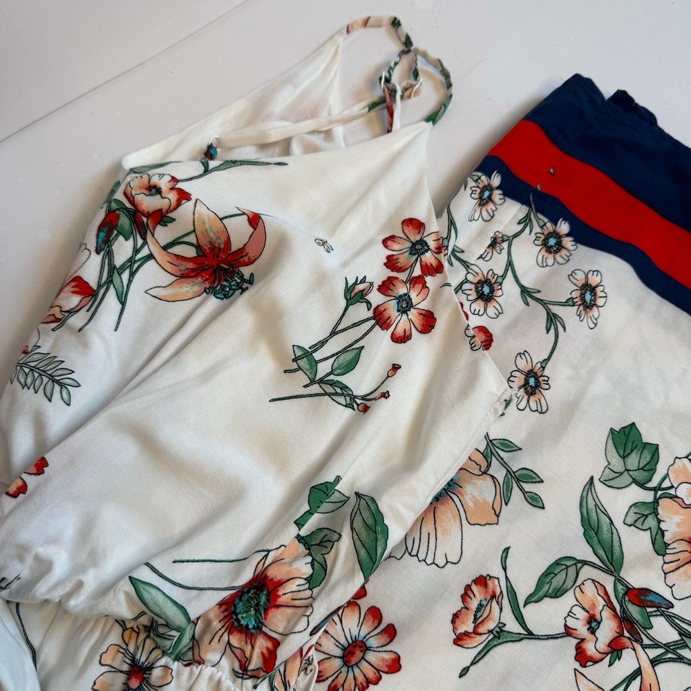 White Floral Wide Leg Jumpsuit Women's Spaghetti Strap Tie‎ Waist